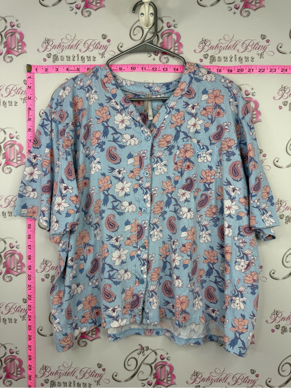 BELLINA tshirt flower Light Blue Floral Button-Down Blouse with Pink Accents